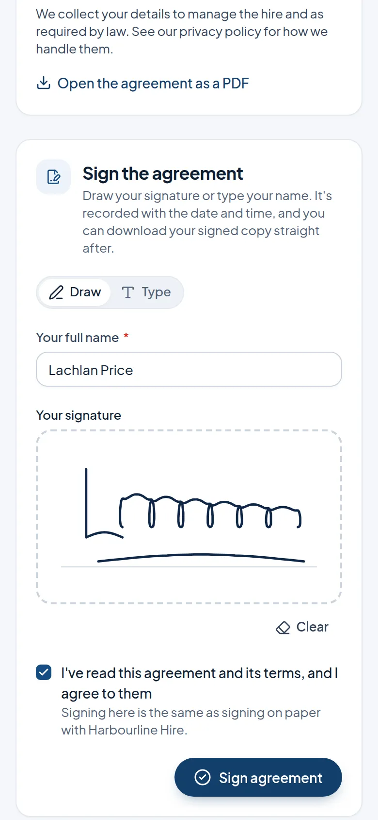The signing page on a phone: Sign the agreement, with Draw and Type, the customer's name, a drawn signature, the agreement tick box and the Sign agreement button.