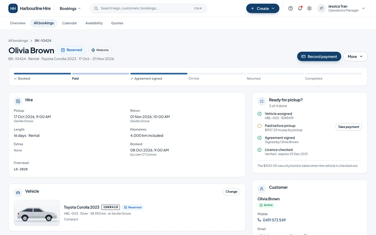 A reserved booking with its progress tracker, hire details and a ready-for-pickup checklist.