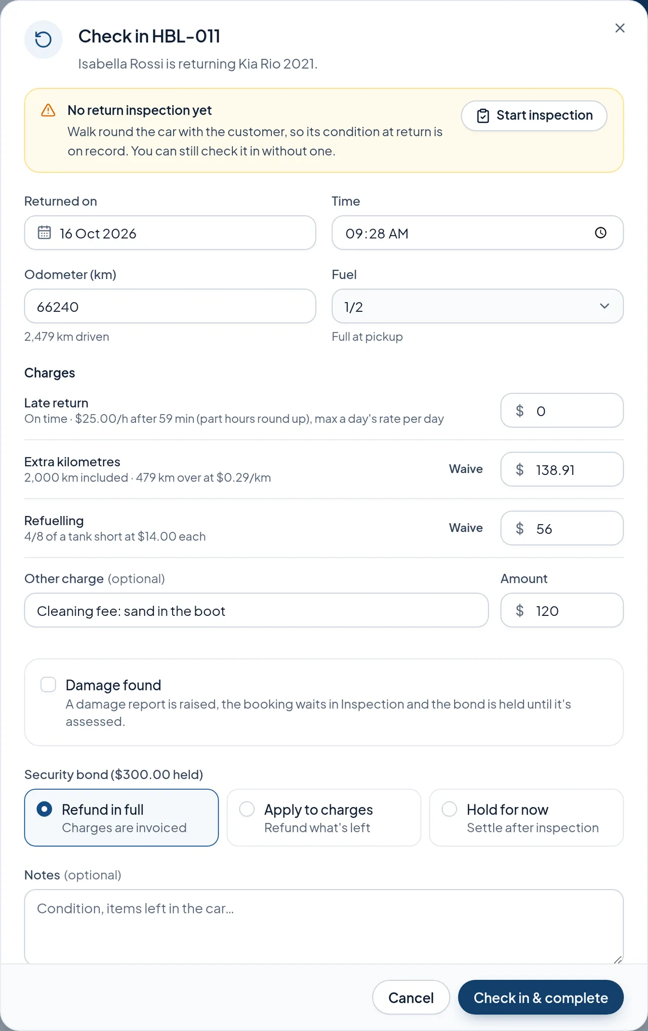 The check-in dialog with charges for extra kilometres, refuelling and a cleaning fee, and choices for the bond.