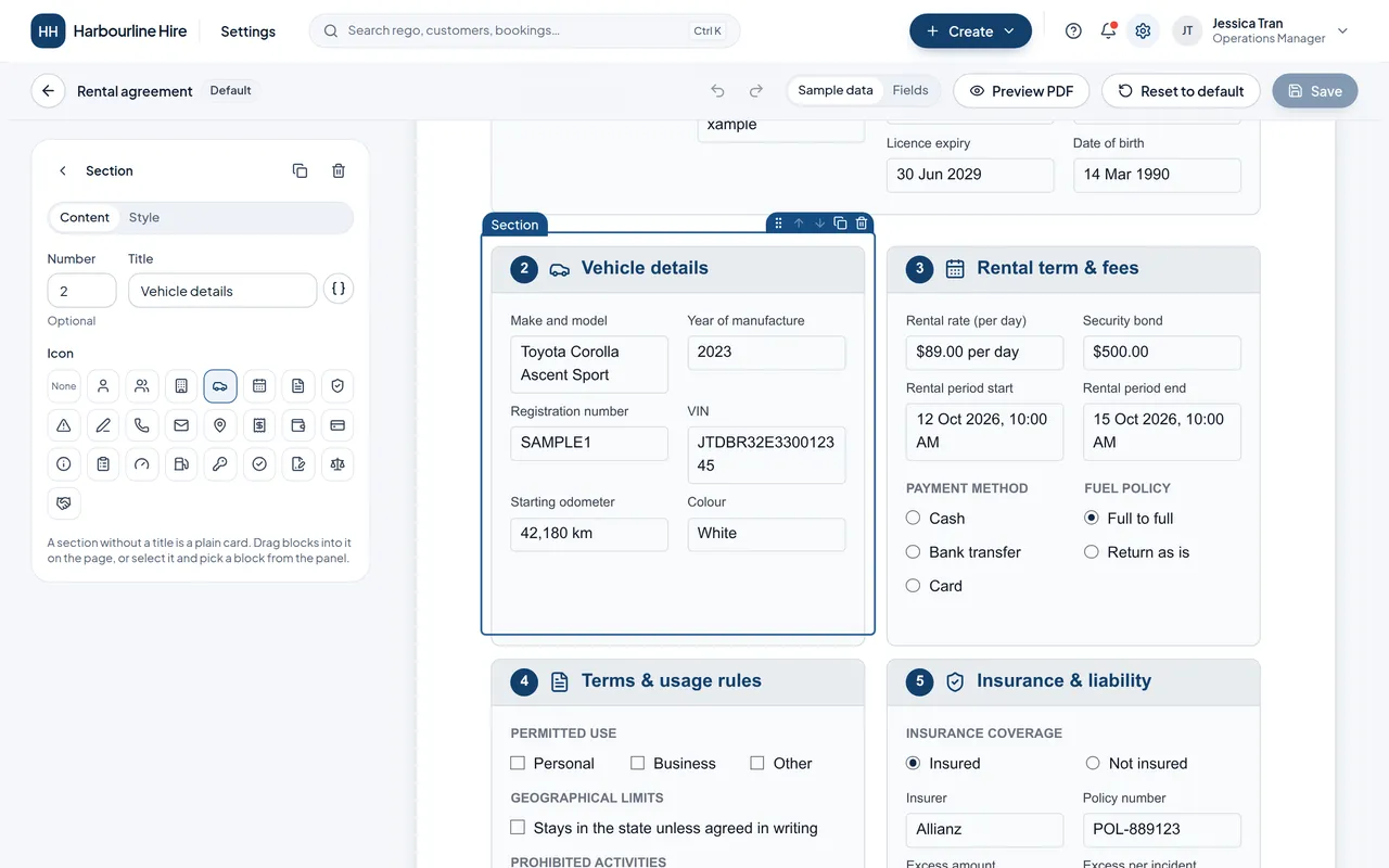 The document editor with the Vehicle details section selected: its number, title and icon on the left, and the agreement on the page.