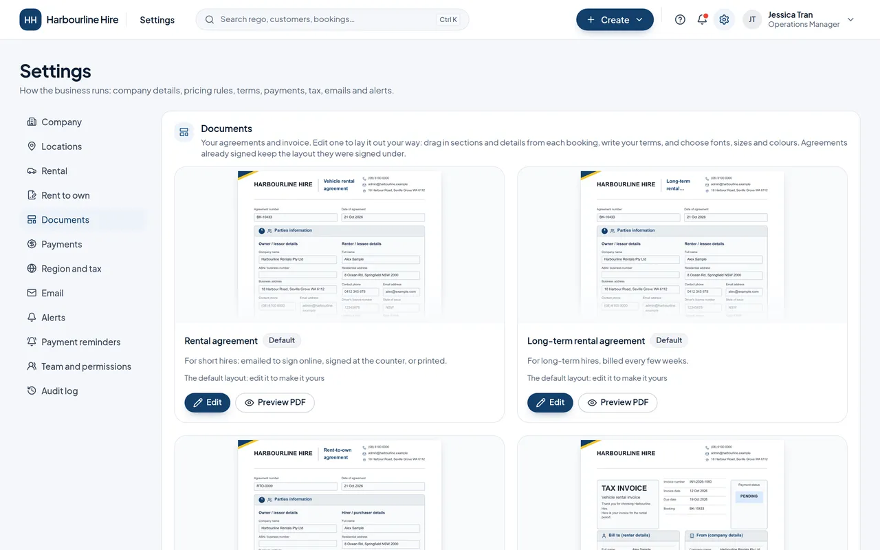 Settings, Documents, with a card for each agreement showing a preview, the Default badge, and Edit and Preview PDF buttons.