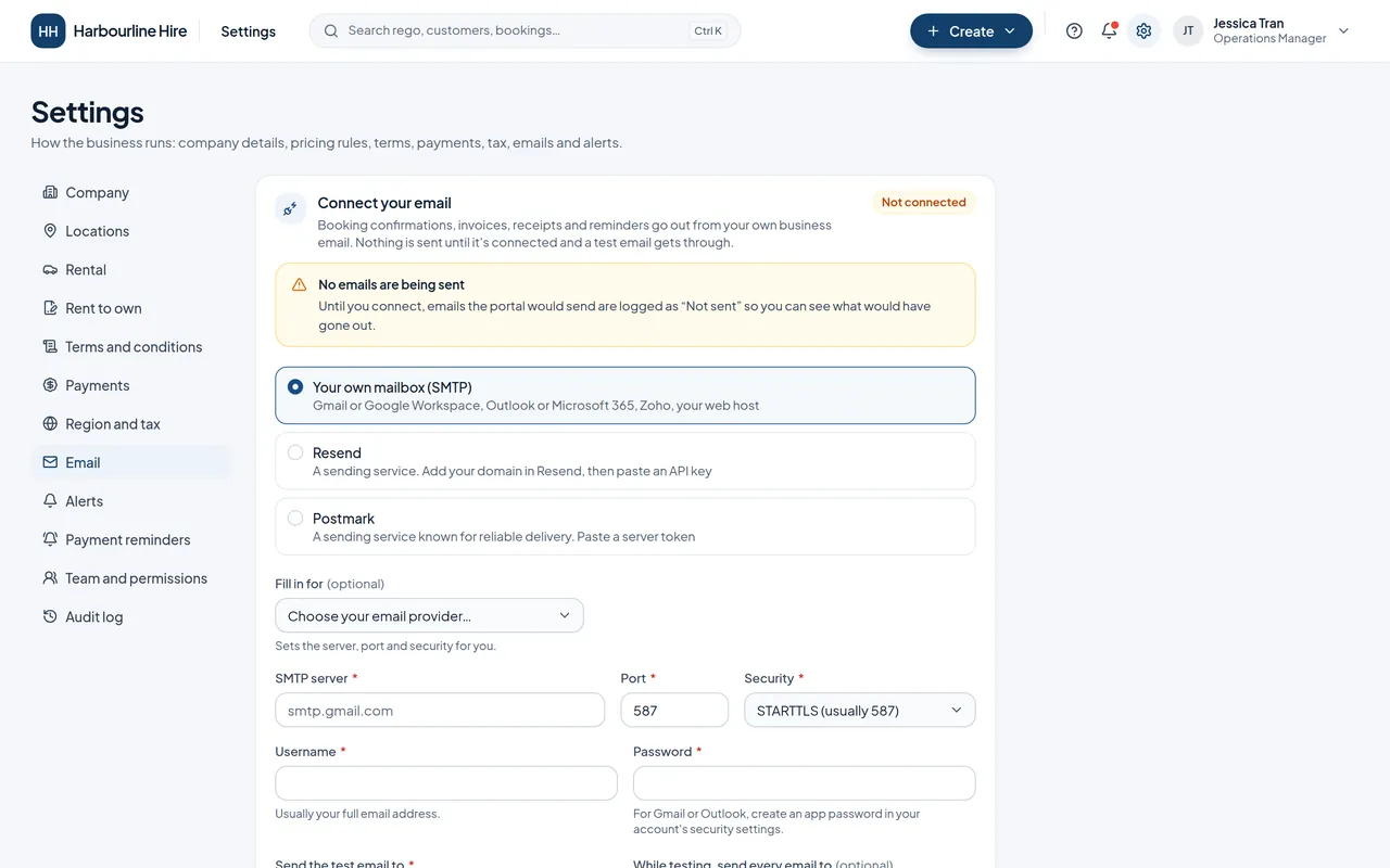 Settings, Email: the three ways to connect, with the SMTP fields for server, port, security, username and password.