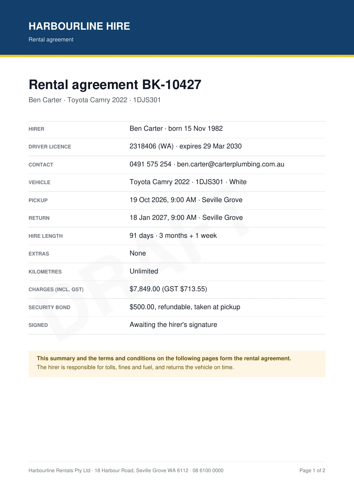 A rental agreement PDF with the hirer, licence, vehicle, pickup, return, charges and bond.