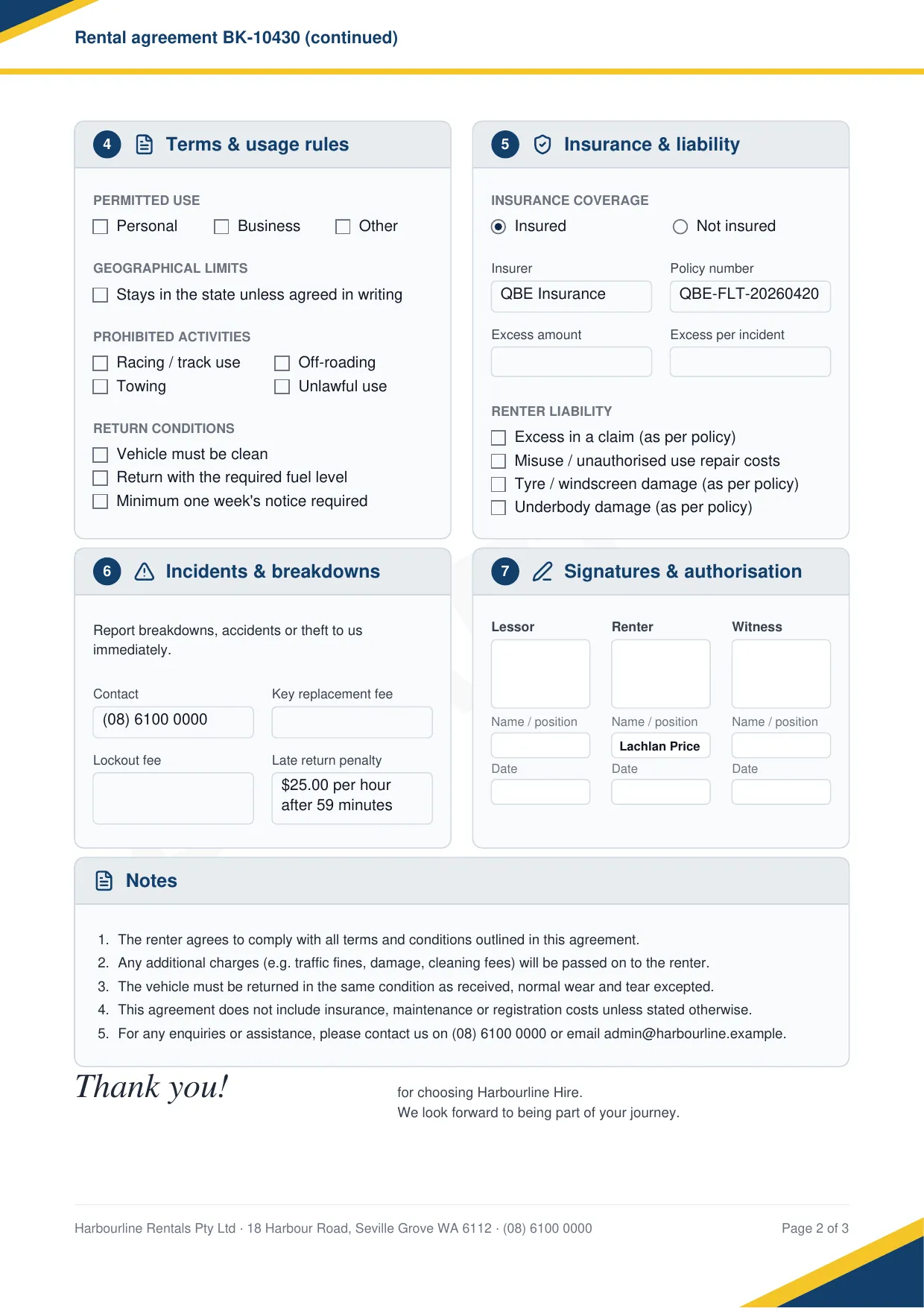 Page two: usage rules and insurance as tick boxes, incidents and breakdowns, boxes for three signatures, notes and a thank-you.