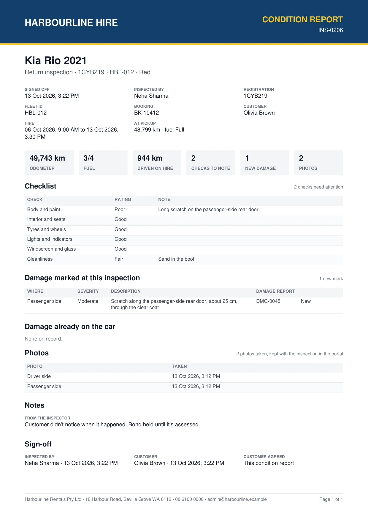 A condition report PDF with odometer, fuel, checklist ratings, damage marked and signatures.