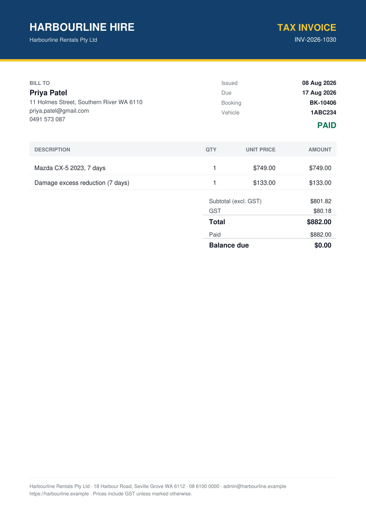 A tax invoice PDF with the business's name, line items, GST and a PAID stamp.
