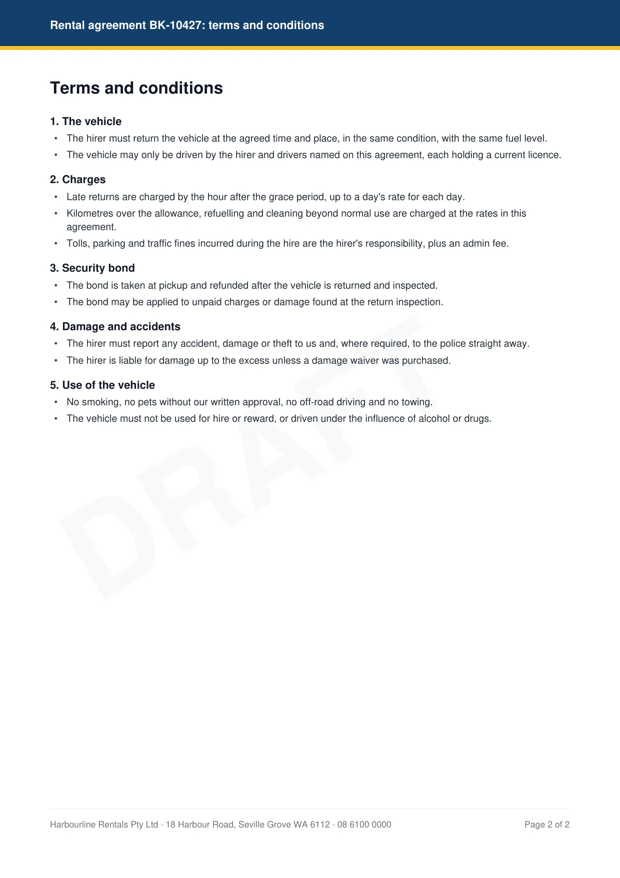 The second page of the agreement: the business's own terms and conditions.