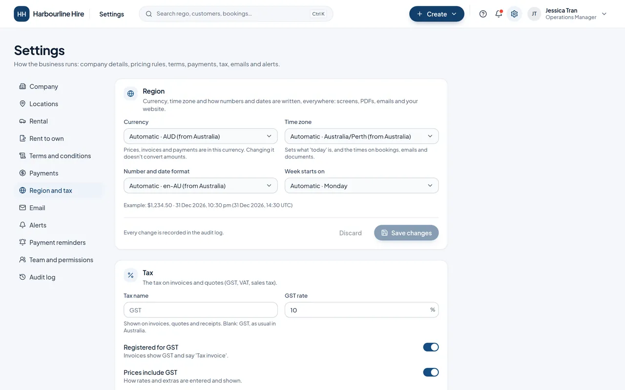 Settings, Region and tax, with currency, time zone, number and date format, and the tax section.