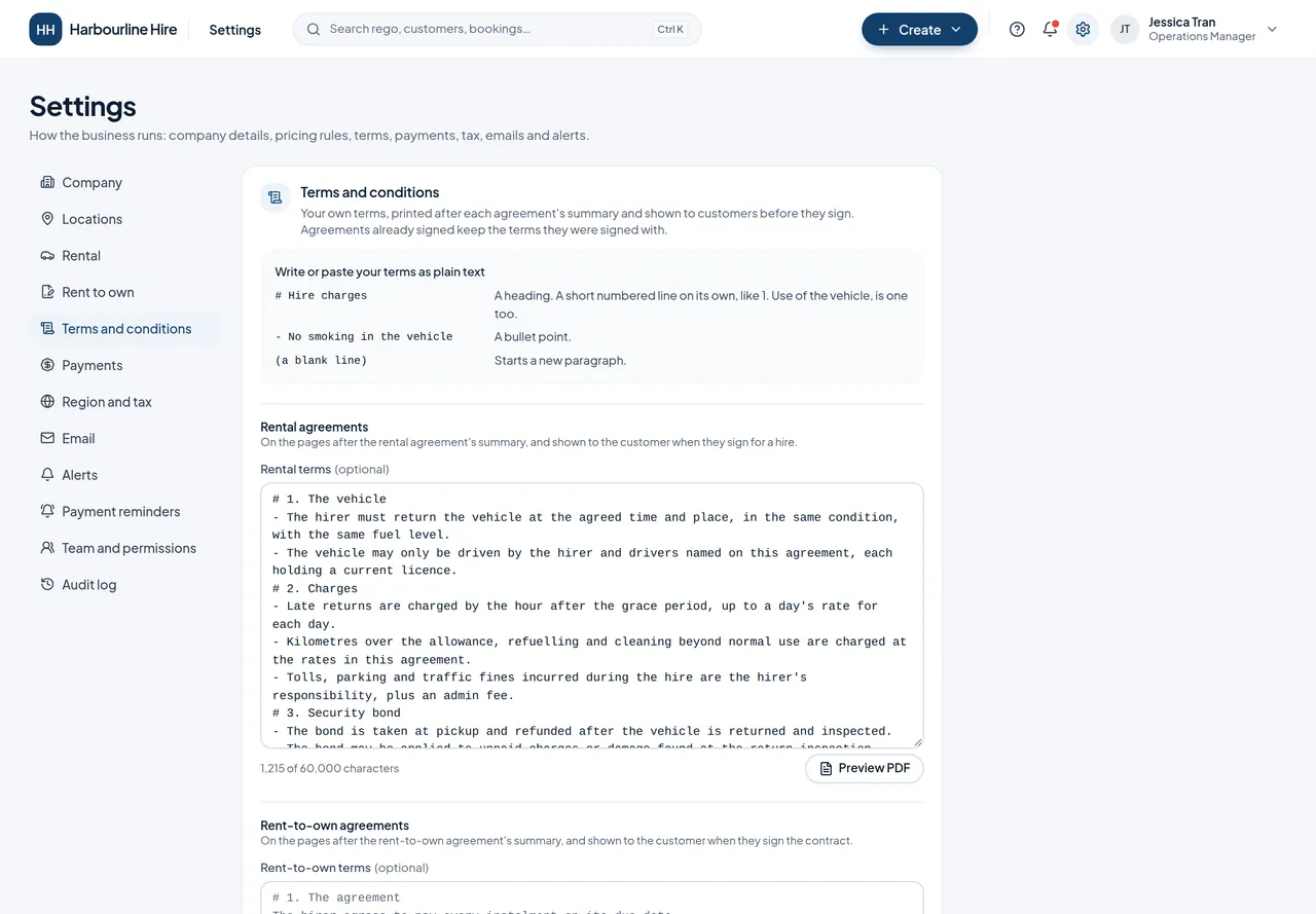 Settings, Terms and conditions, with rental terms written as headings and bullet points, and the Preview PDF button.