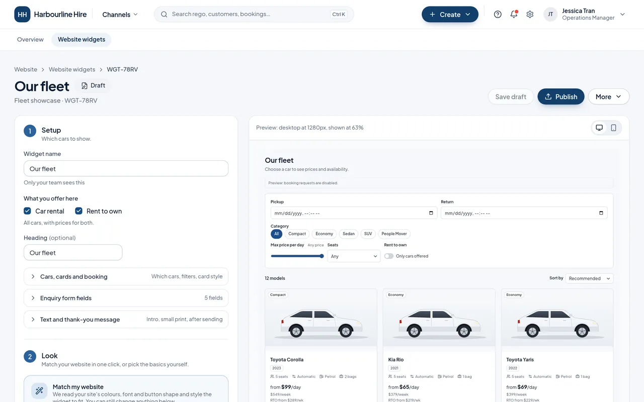 The widget builder: setup on the left, a live desktop preview of a car listing with prices on the right.